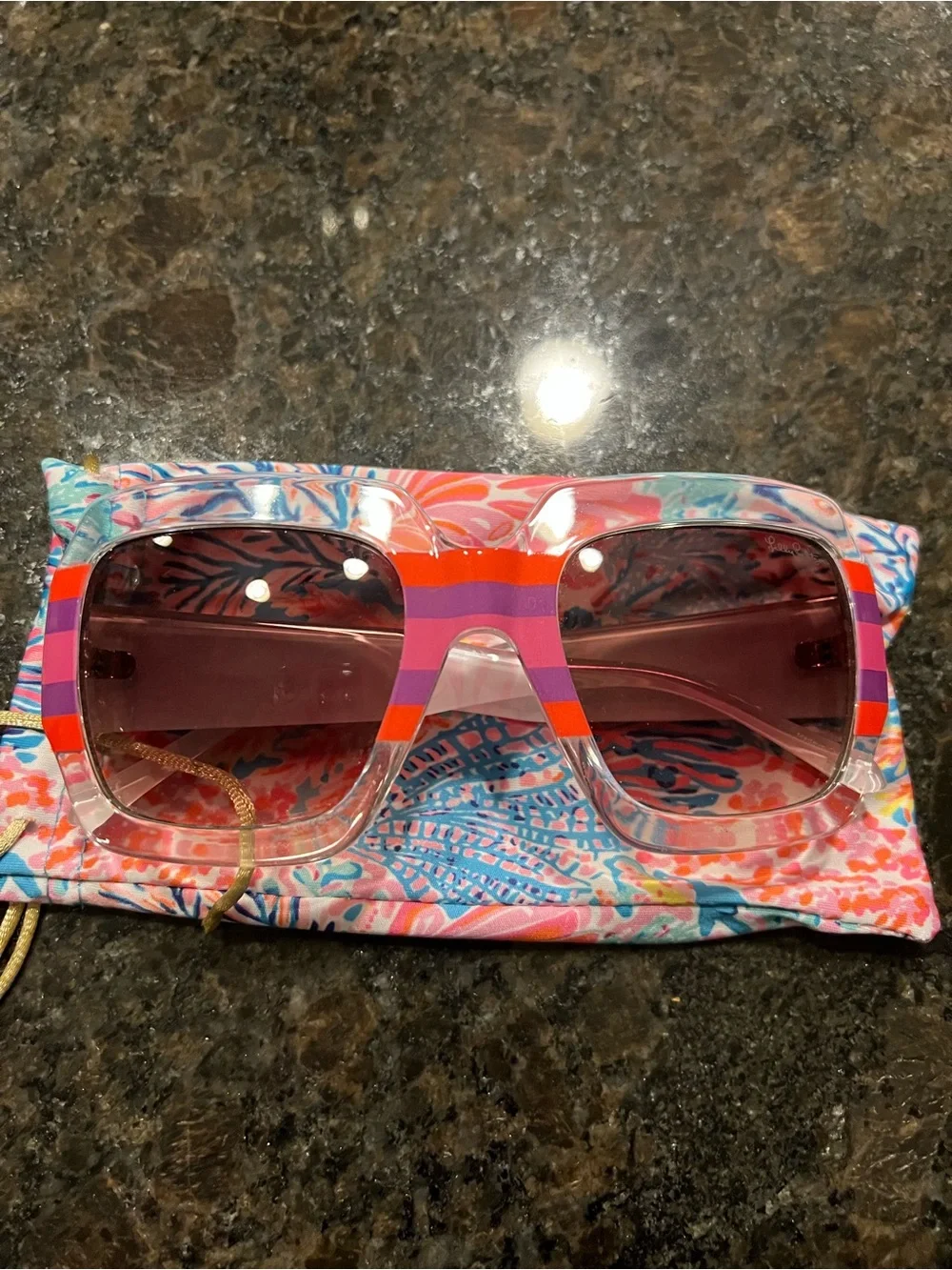 Lilly Pulitzer Pink and Orange Striped Square Sunglasses with Gradient Lenses